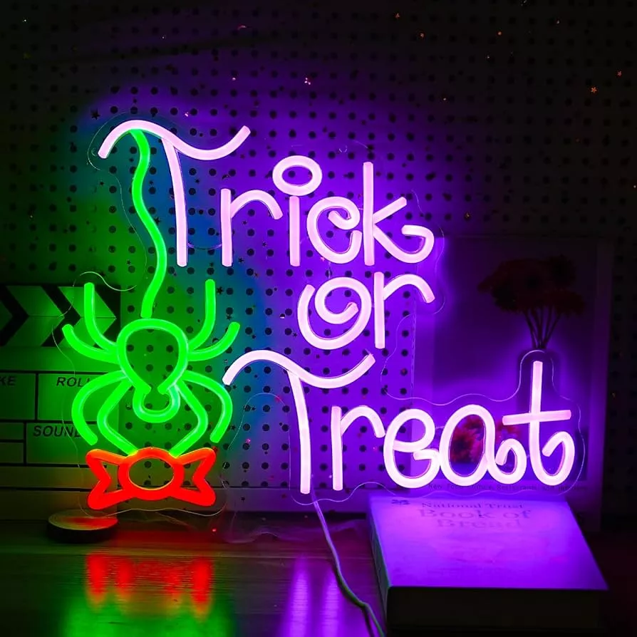 不给糖就捣蛋霓虹灯标志趣味蜘蛛糖果 LED 霓虹灯适用于墙壁装饰