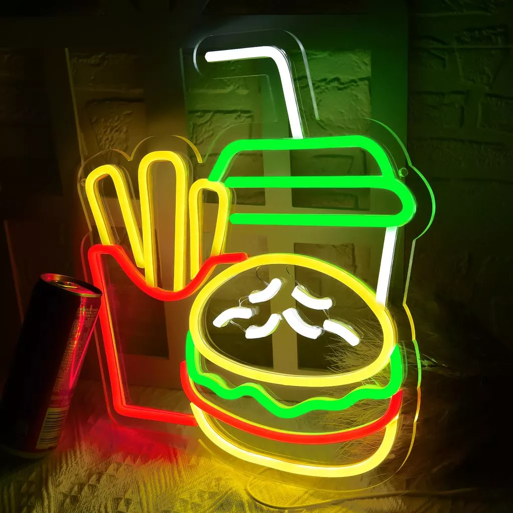 汉堡店装饰霓虹灯招牌，薯条 LED 霓虹灯快餐店招牌，适用于餐厅商店 USB 供电