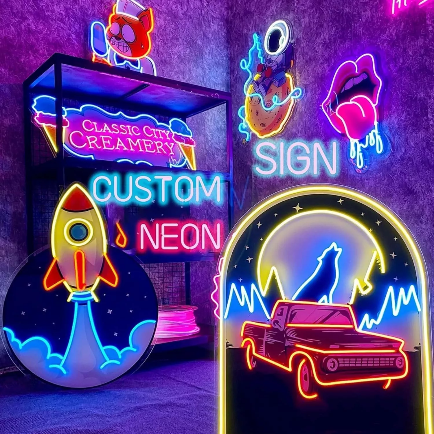 Customised neon logo lights - create your own unique design! Customisable LED signboards with multi-colour UV-printed logos, suitable for home, bar and commercial wall decoration.