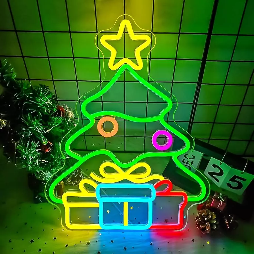 Christmas Neon Tree Gift Box Light Decoration Dimmable LED Illuminated Sign Suitable for Wall Decoration Parties Children's Gifts