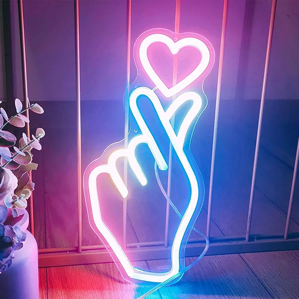 LED 霓虹灯标志 DIY 手指心形霓虹灯标志，适用于卧室儿童房、客厅墙壁装饰的霓虹灯标志，适用于商店、购物中心、酒吧、婚礼派对的个性化霓虹灯标志
