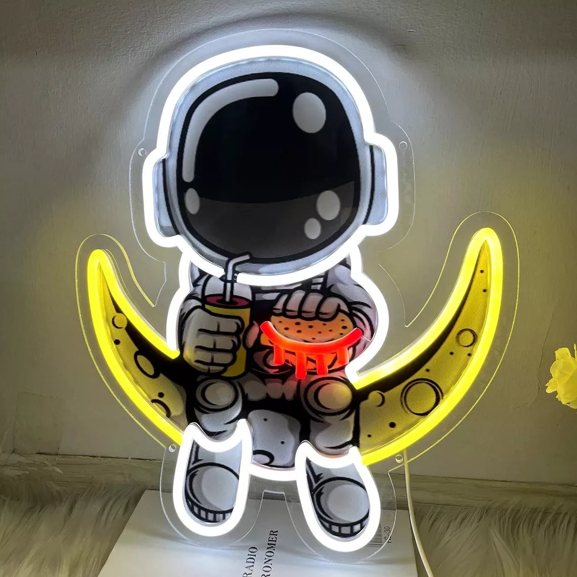Astronaut Artwork Neon Light UV Printed Acrylic LED Neon Light Astronaut Hamburger Moon Neon Light Suitable for Bedroom Decoration Children's Gifts