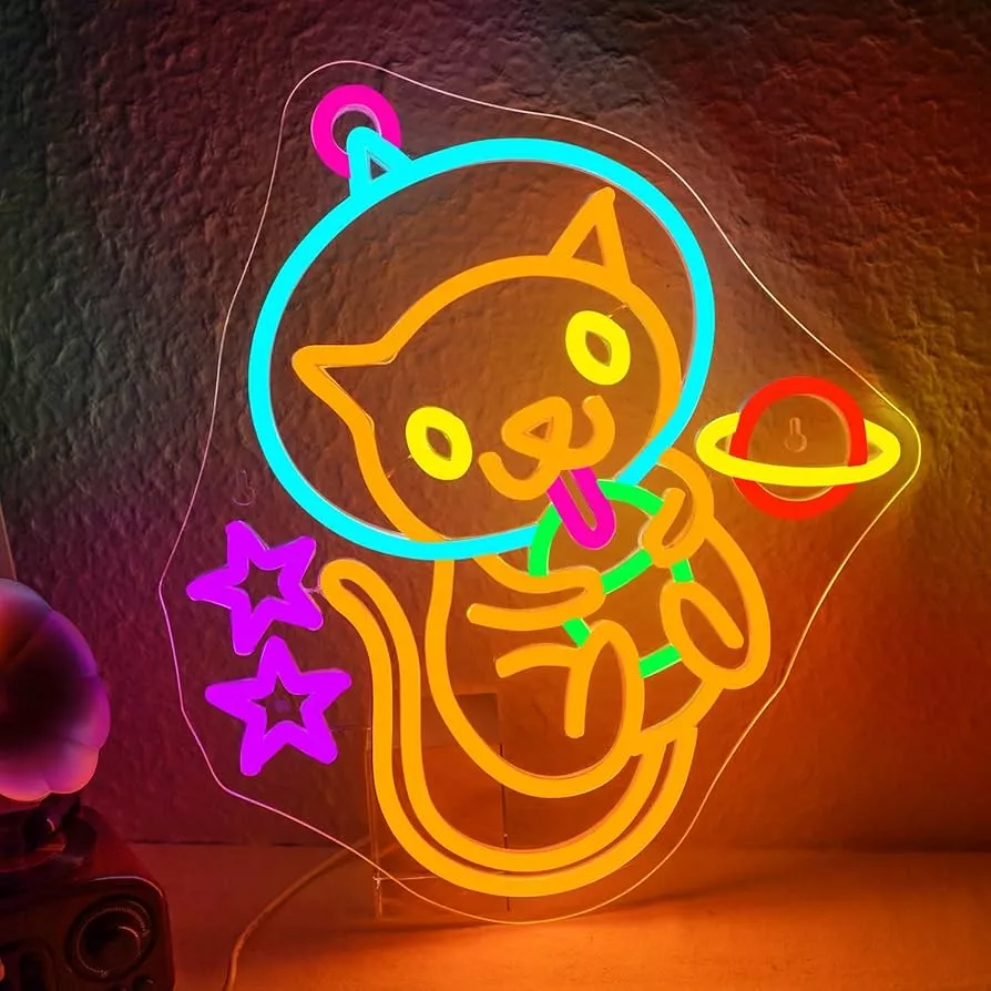 Astronaut Boba Tea Cat Neon Light Cat Neon Light Suitable for Wall Decoration Cute Little Cat